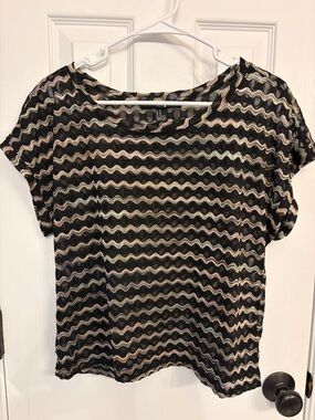 Forever 21 Black Short Sleeve sheer Top with Wavy Neutral Stripes